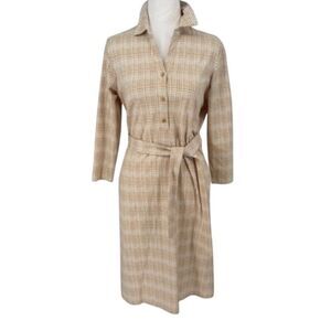 NWT J.McLaughlin Calla Grid Print Shirt Dress XS Beige White Tie Belt 3/4 Sleeve